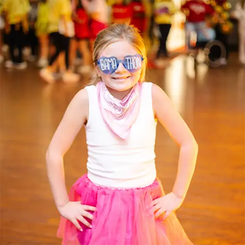 Margaret Anne wearing Bamathon heart glasses